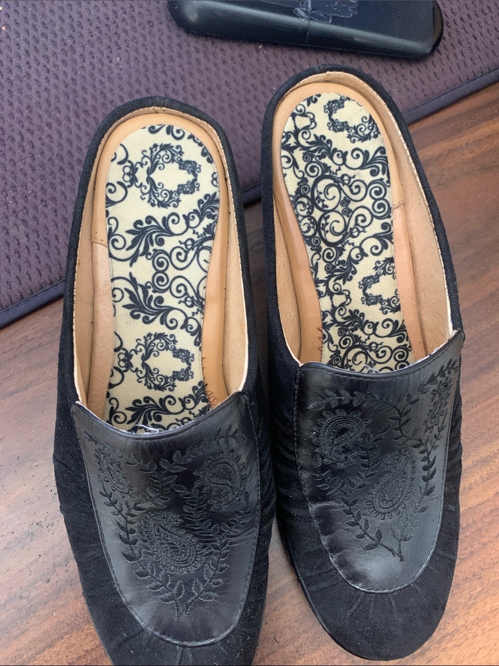 Black Embroidered Slip-On Flats with Patterned Insole